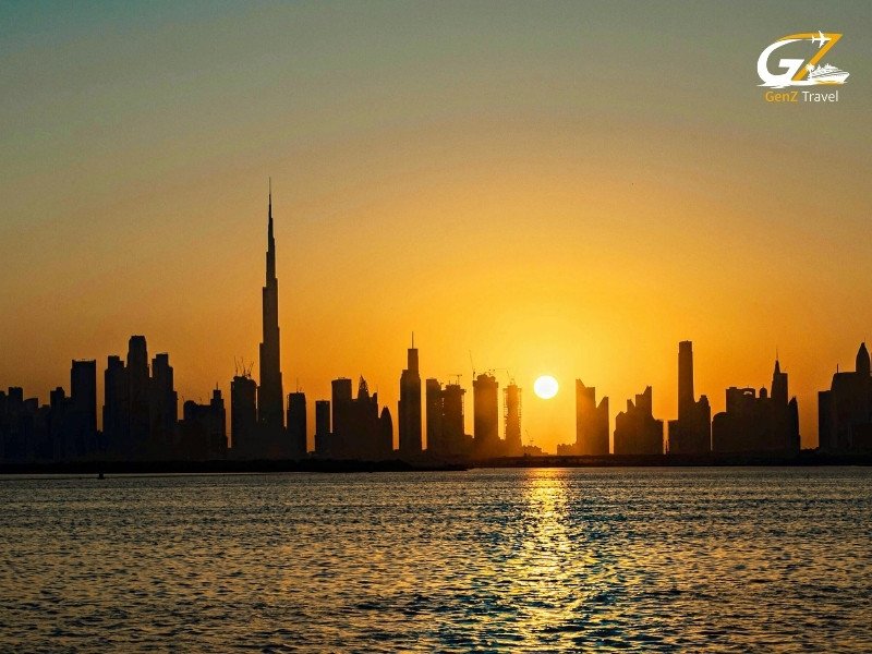 Dubai skyline sunset with Burj Khalifa for Dubai and Mauritius tour package from UK