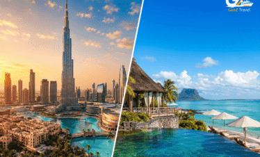 Dubai and Mauritius tour package from UK 2026 showing Burj Khalifa skyline and Mauritius luxury beach resort split view