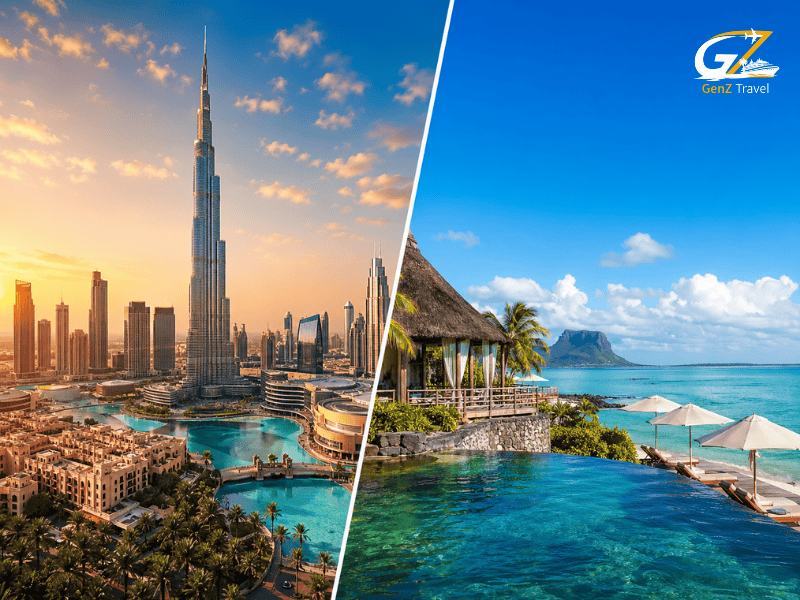 Dubai and Mauritius tour package from UK 2026 showing Burj Khalifa skyline and Mauritius luxury beach resort split view