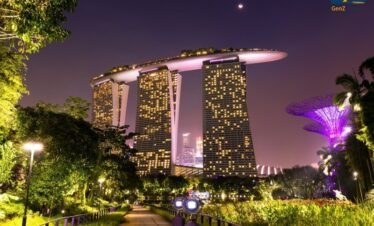 Futuristic Supertree Grove at Gardens by the Bay glowing at night in Singapore