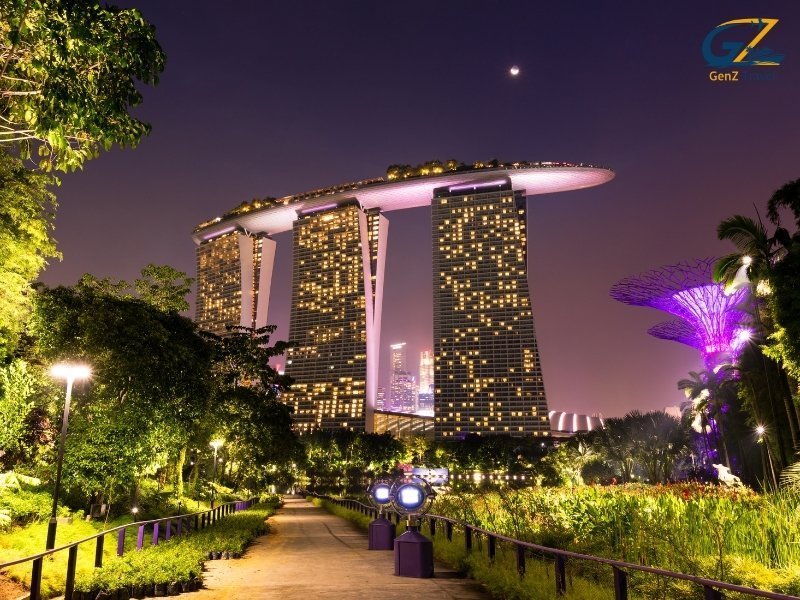Futuristic Supertree Grove at Gardens by the Bay glowing at night in Singapore