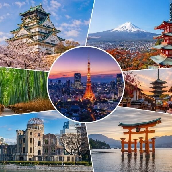 Japan holidays 2026 featured image showing Tokyo skyline, Mount Fuji, Kyoto temples, Osaka castle, Hiroshima dome and Miyajima torii gate