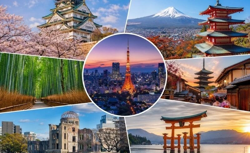 Japan holidays 2026 featured image showing Tokyo skyline, Mount Fuji, Kyoto temples, Osaka castle, Hiroshima dome and Miyajima torii gate