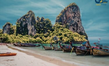 Krabi limestone cliffs and Railay Beach on Thailand multi centre holiday from UK