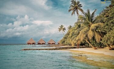 Beach bungalow at Kuredu Island Resort Maldives surrounded by palm trees and white sand