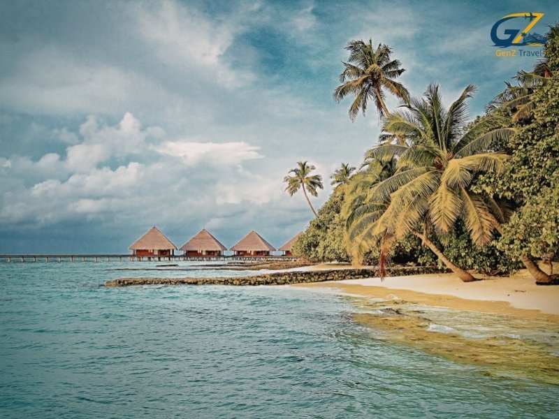 Beach bungalow at Kuredu Island Resort Maldives surrounded by palm trees and white sand