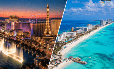 Las Vegas and Cancun multi centre holiday 2026 featuring Vegas Strip skyline and Cancun turquoise beach split view