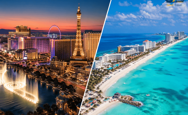 Las Vegas and Cancun multi centre holiday 2026 featuring Vegas Strip skyline and Cancun turquoise beach split view