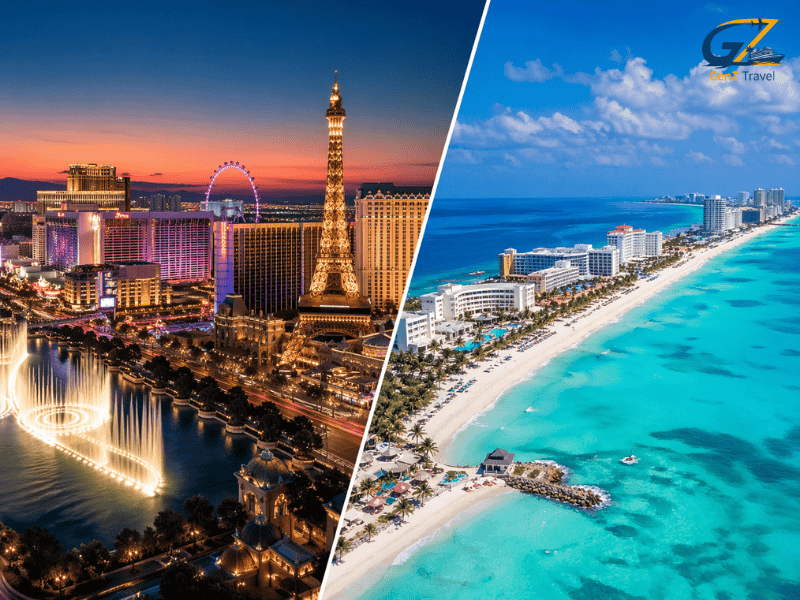 Las Vegas and Cancun multi centre holiday 2026 featuring Vegas Strip skyline and Cancun turquoise beach split view