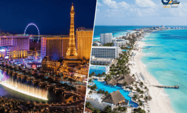 Las Vegas and Cancun twin centre holidays from UK 2026 featuring split image of Las Vegas Strip nightlife and Cancun tropical beach all-inclusive escape