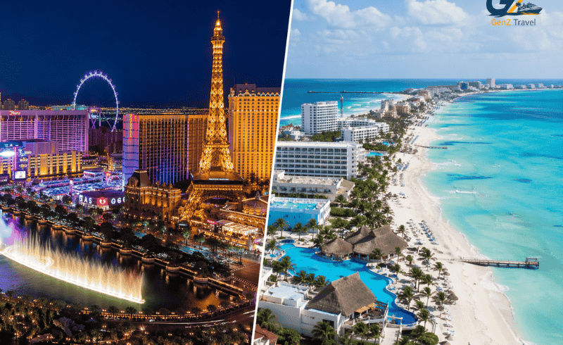 Las Vegas and Cancun twin centre holidays from UK 2026 featuring split image of Las Vegas Strip nightlife and Cancun tropical beach all-inclusive escape