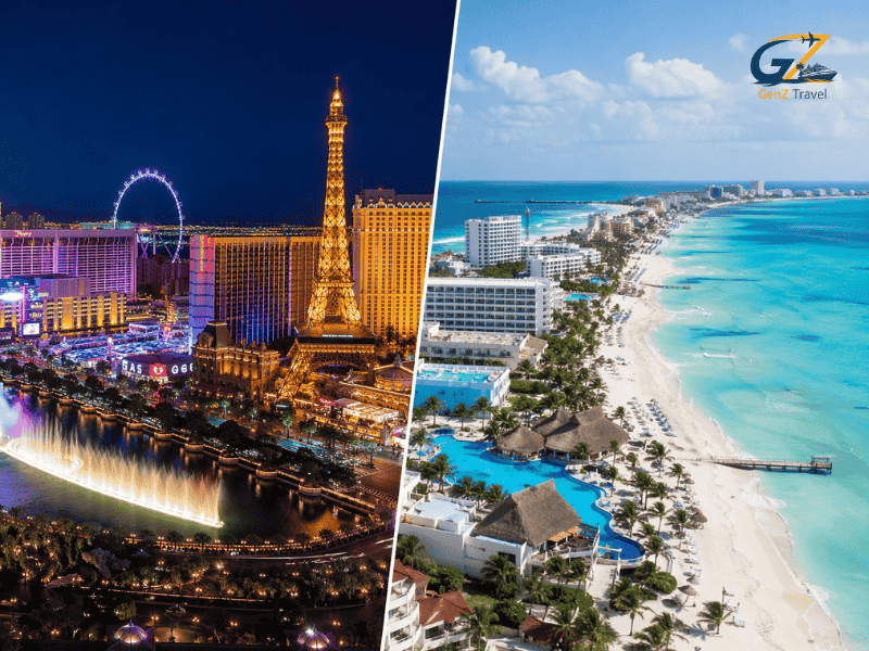 Las Vegas and Cancun twin centre holidays from UK 2026 featuring split image of Las Vegas Strip nightlife and Cancun tropical beach all-inclusive escape