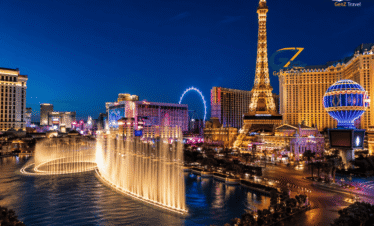 5-night Las Vegas holiday package from UK 2026 showing the iconic Las Vegas Strip at night with fountains and skyline