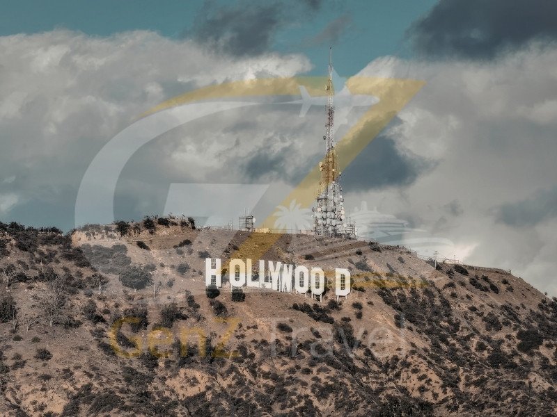 USA tour packages Los Angeles Hollywood sign with palm trees and Santa Monica beach