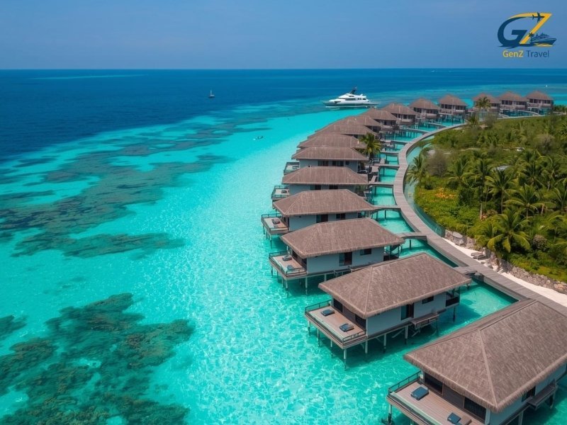 Overwater villas in Malaysia at sunset with wooden decks and ocean views over the Strait of Malacca