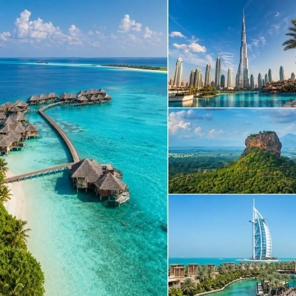 Maldives holidays from the UK featuring overwater villas, turquoise lagoons and twin-centre Dubai luxury skyline escape