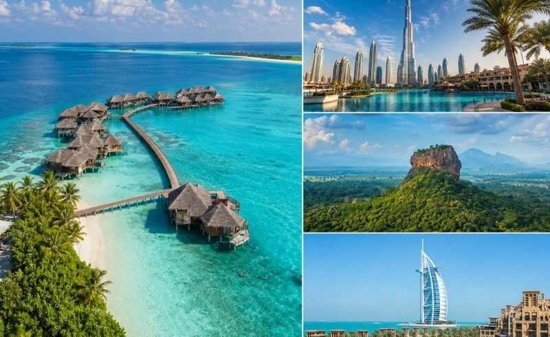 Maldives holidays from the UK featuring overwater villas, turquoise lagoons and twin-centre Dubai luxury skyline escape