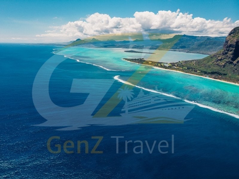 Mauritius Le Morne Brabant aerial view with turquoise lagoon and underwater waterfall illusion