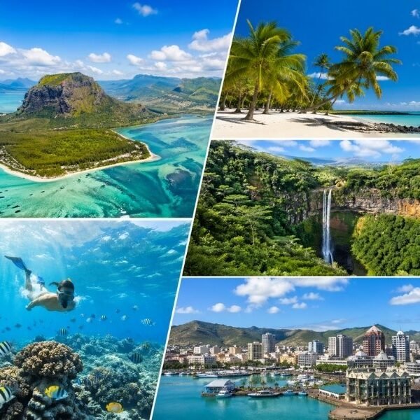 Mauritius tour packages – collage of Le Morne Brabant, tropical beaches, underwater coral reef snorkeling, waterfall and Port Louis skyline
