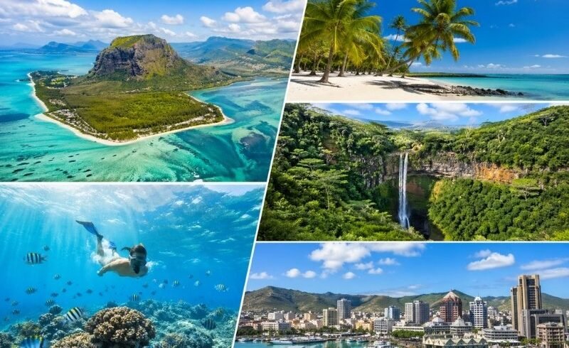 Mauritius tour packages – collage of Le Morne Brabant, tropical beaches, underwater coral reef snorkeling, waterfall and Port Louis skyline