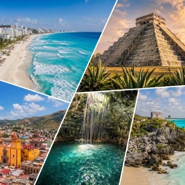 Mexico holidays from the UK collage featuring Cancun beach, Chichen Itza pyramid, Tulum ruins and cenote