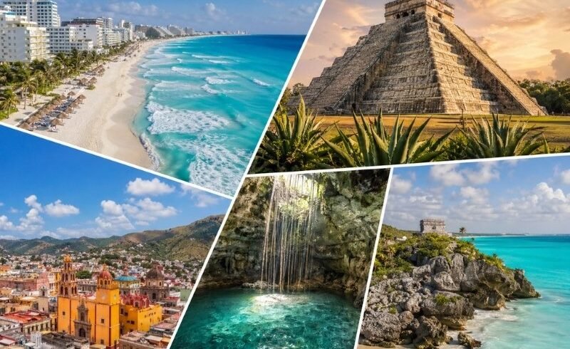 Mexico holidays from the UK collage featuring Cancun beach, Chichen Itza pyramid, Tulum ruins and cenote