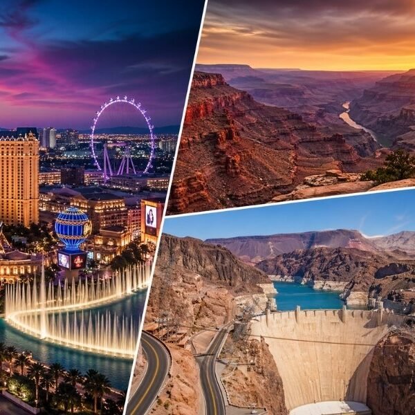 Nevada holidays 2026 collage featuring Las Vegas Strip, Grand Canyon sunset and Hoover Dam scenic views
