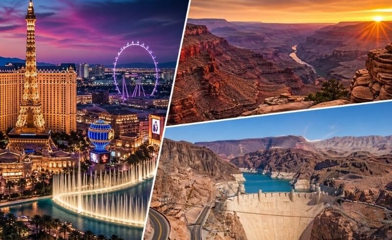 Nevada holidays 2026 collage featuring Las Vegas Strip, Grand Canyon sunset and Hoover Dam scenic views