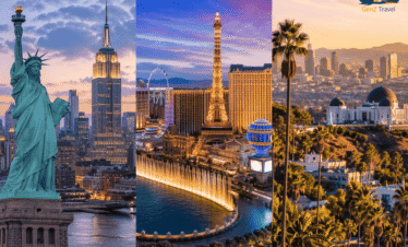 10 nights New York Las Vegas Los Angeles tour package featuring skyline of New York City, Las Vegas Strip, and Los Angeles skyline