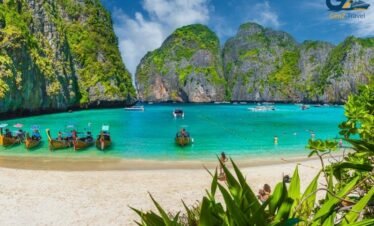 Aerial view of Phi Phi Islands with turquoise water on Thailand island hopping tour
