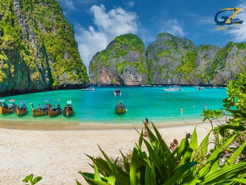 Aerial view of Phi Phi Islands with turquoise water on Thailand island hopping tour
