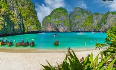panoramic view of Phi Phi Islands in Phuket Thailand with turquoise sea and sunny sky