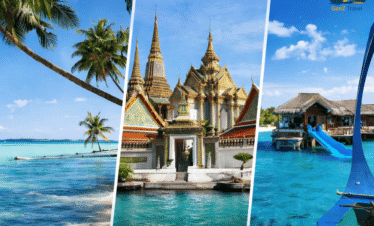 Composite image of Phuket beach Bangkok temple and Maldives overwater villa with turquoise water and tropical scenery