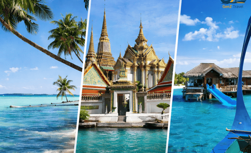 Composite image of Phuket beach Bangkok temple and Maldives overwater villa with turquoise water and tropical scenery