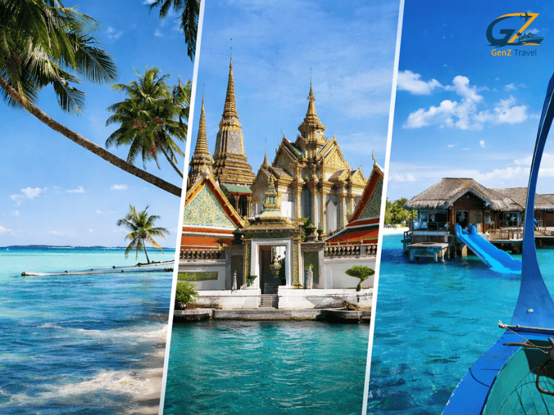 Composite image of Phuket beach Bangkok temple and Maldives overwater villa with turquoise water and tropical scenery
