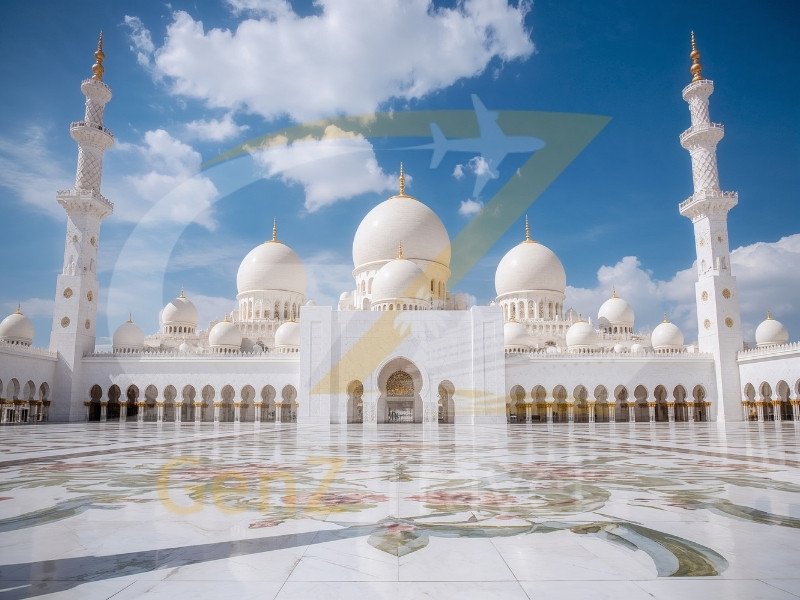 Sheikh Zayed Grand Mosque in Abu Dhabi with white marble architecture at sunset