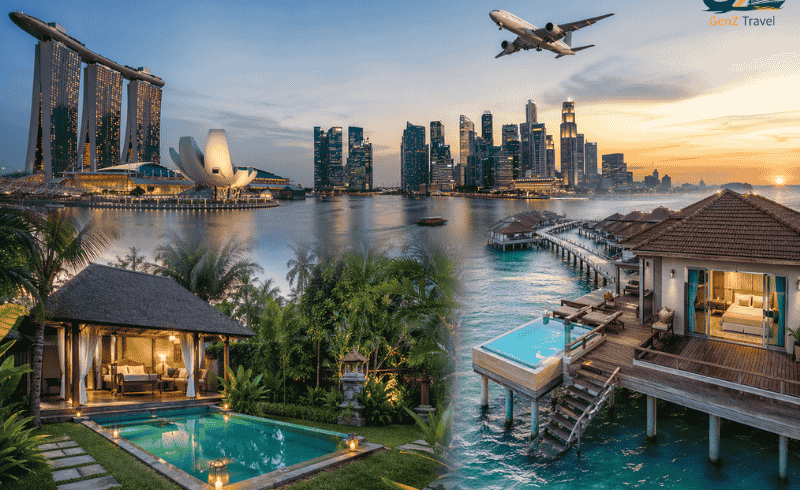 Luxury Southeast Asia travel collage featuring Singapore skyline, Bali private pool villa, and Malaysia overwater resort at sunset
