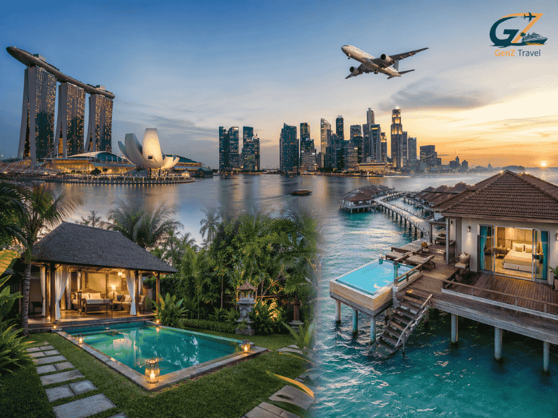 Luxury Southeast Asia travel collage featuring Singapore skyline, Bali private pool villa, and Malaysia overwater resort at sunset