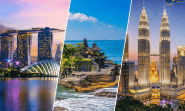 12-night Singapore Bali Kuala Lumpur tour package from UK featuring Marina Bay Sands, Bali temple coastline, and Petronas Towers skyline