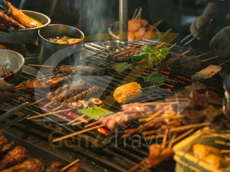 Singapore hawker centre in Chinatown with vibrant street food stalls and local dishes