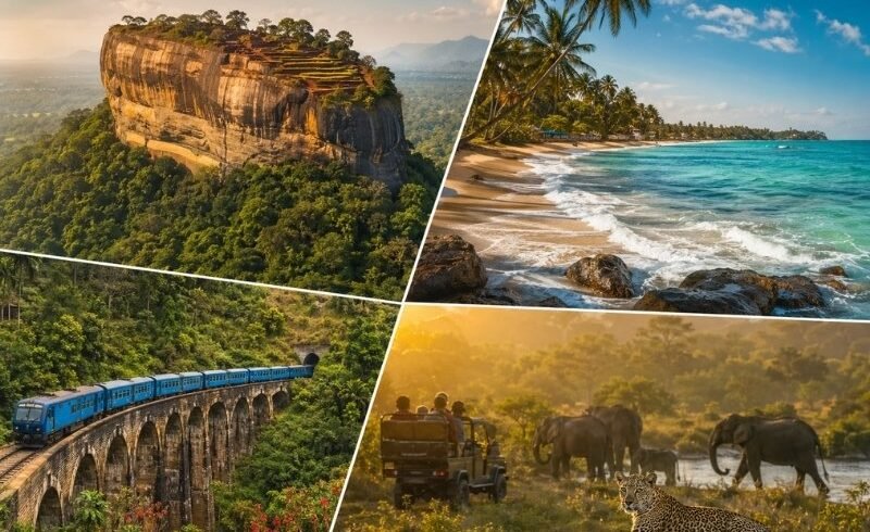 Sri Lanka holidays from the UK featuring Sigiriya Rock, tropical beaches, Ella train journey and wildlife safari