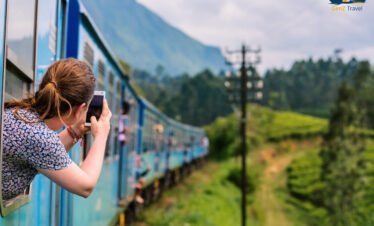 Scenic train journey through lush tea plantations in Nuwara Eliya with misty hills and greenery