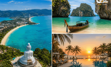 Thailand 12 nights holiday from UK showing Phuket coastline, Krabi limestone cliffs, and Khao Lak luxury beach resort