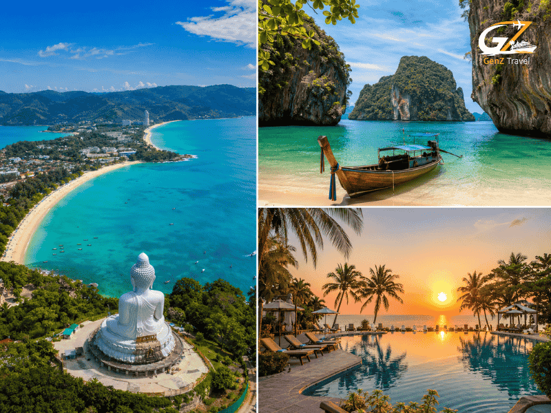 Thailand 12 nights holiday from UK showing Phuket coastline, Krabi limestone cliffs, and Khao Lak luxury beach resort