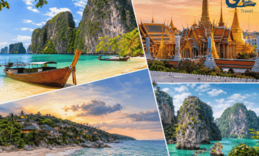 Thailand 12 nights tour package from UK showing Phuket beaches, Krabi cliffs, Koh Samui resorts and Bangkok temples