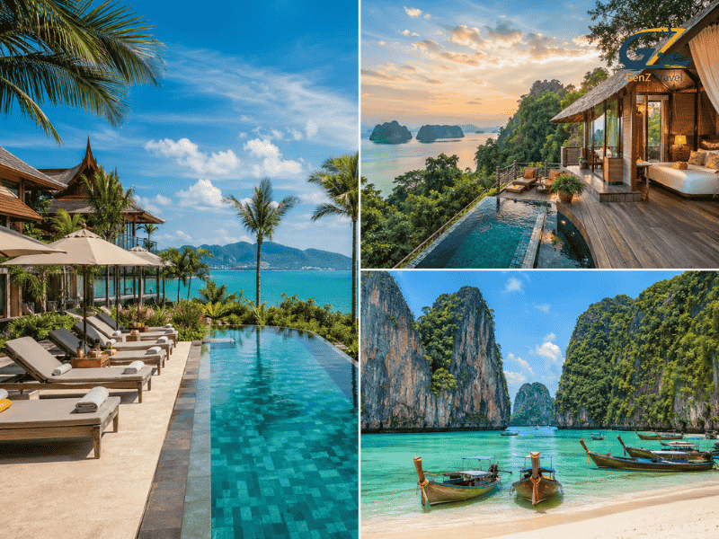 12 Night Thailand Luxury Escape 2026 showing Phuket beaches, Koh Yao treehouse villas, and Krabi limestone cliffs
