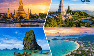 Thailand multi-centre holiday 2026 featuring Bangkok temples, Chiang Mai mountains, Krabi limestone cliffs and Phuket beaches
