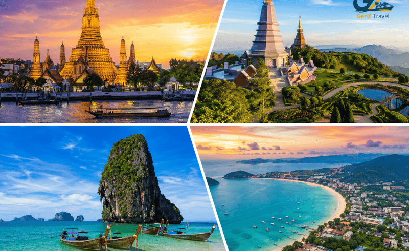 Thailand multi-centre holiday 2026 featuring Bangkok temples, Chiang Mai mountains, Krabi limestone cliffs and Phuket beaches