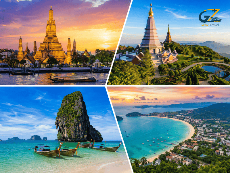 Thailand multi-centre holiday 2026 featuring Bangkok temples, Chiang Mai mountains, Krabi limestone cliffs and Phuket beaches
