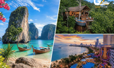 Thailand tour package from UK featuring Phuket beach, Koh Yao Noi treehouse villas and Pattaya skyline sunset